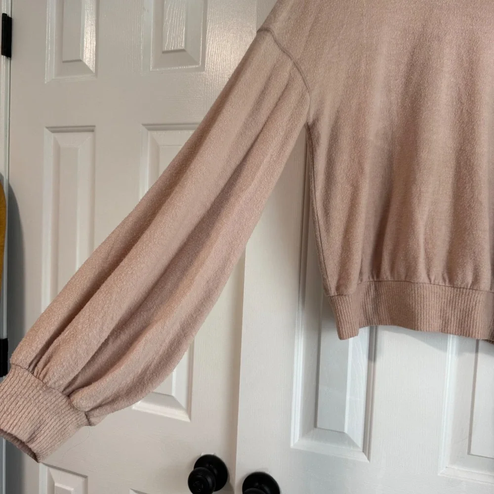 Free People Beach TGIF Sweater Long Balloon Sleeve Stretch Tan Blush Pink Small